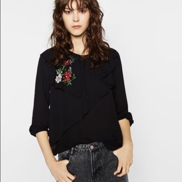 Zara Black Floral Embroidered Asymmetrical Ruffle Boho Blouse Size XS - Picture 1 of 16